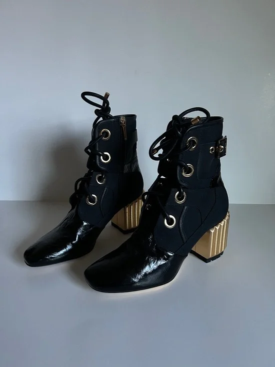 Dior Black Lace-Up Ankle Boots with Gold Ribbed Block Heel - Picture 1 of 6